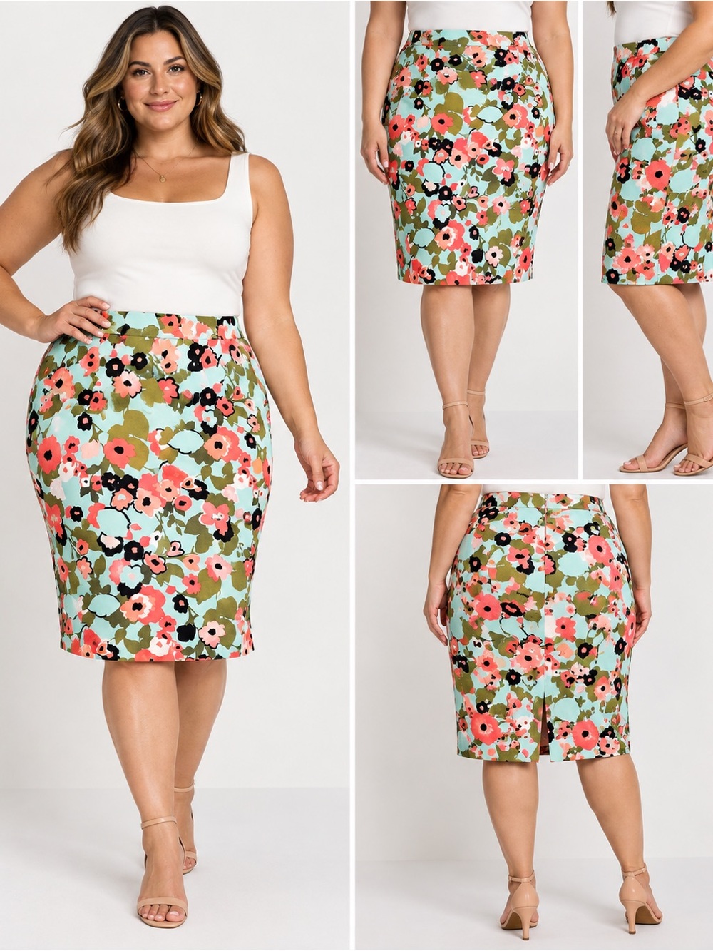 Lane Bryant Floral Pencil Skirt 16 Aqua Coral Pink Retro Mod Career Stretch K92